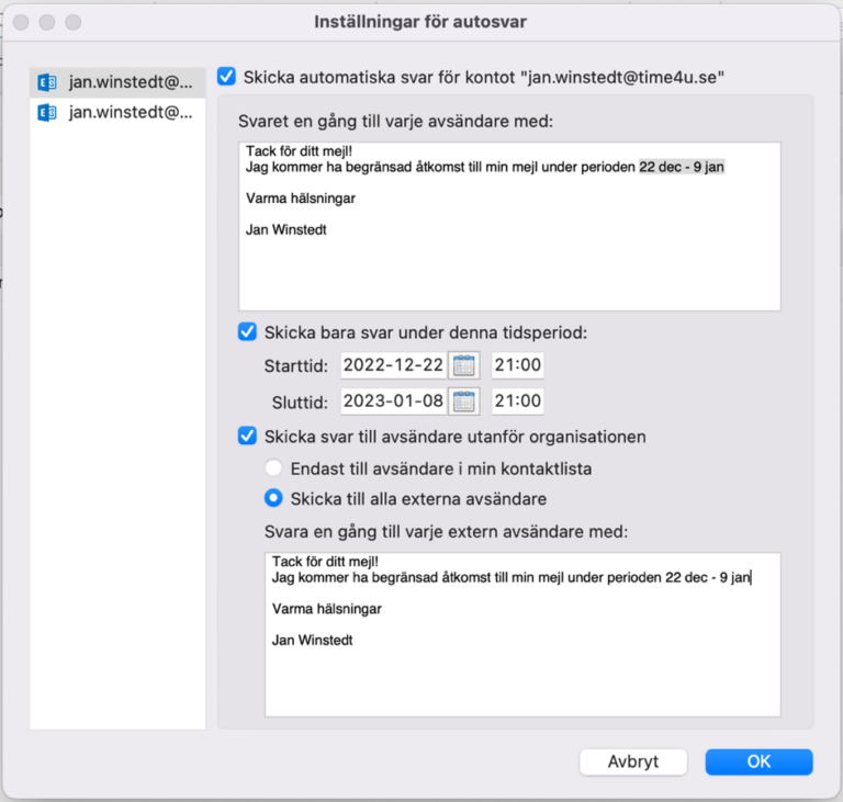 Autosvar, frånvarohanterare, Outlook, Mac